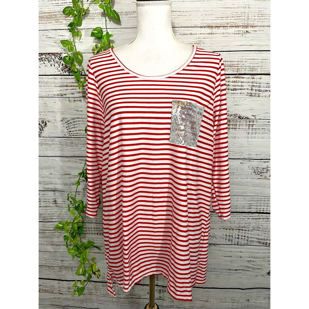 Avenue Top T Shirt 14 16 Red White Striped Stretch Jersey Silver Sequins Pocket